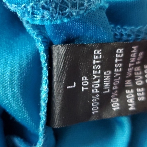 AB Studio Stunning Ruffle front Sleeveless Teal/purple Peekaboo Back floral s. L - Picture 5 of 5